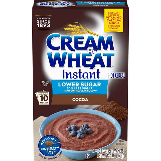 Cream of Wheat Lower Sugar Cocoa Hot Cereal – Fast Microwave Breakfast for Focused Workdays, 10 Packets