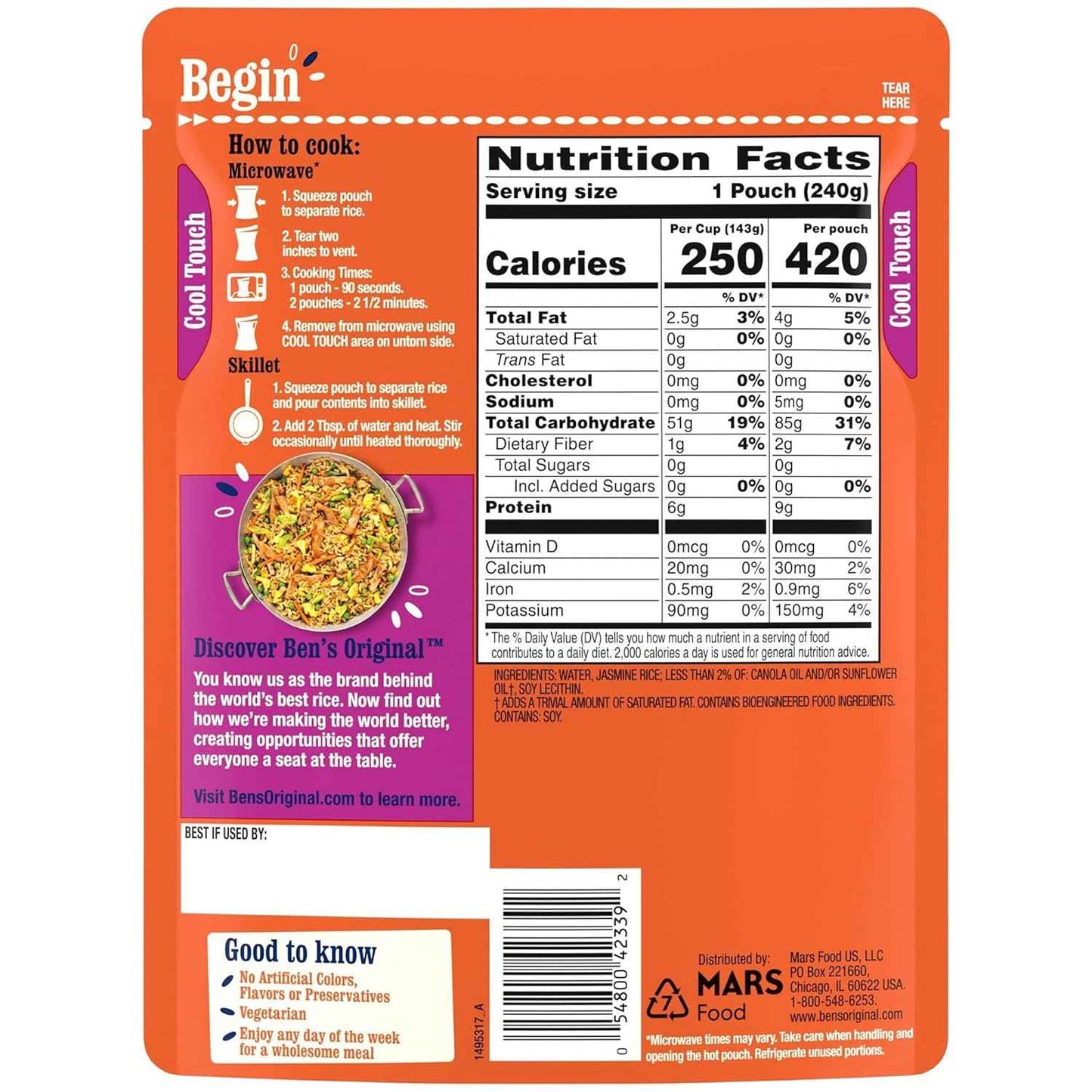 BEN'S ORIGINAL Ready Rice Jasmine Rice, Portion-Controlled Side for Mindful Weeknight Eating, 8.5 oz Pouch