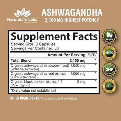 NaturaLife Labs Organic Ashwagandha 2100 mg – Thoughtful Wellness Gift for Her on Birthdays and Holidays