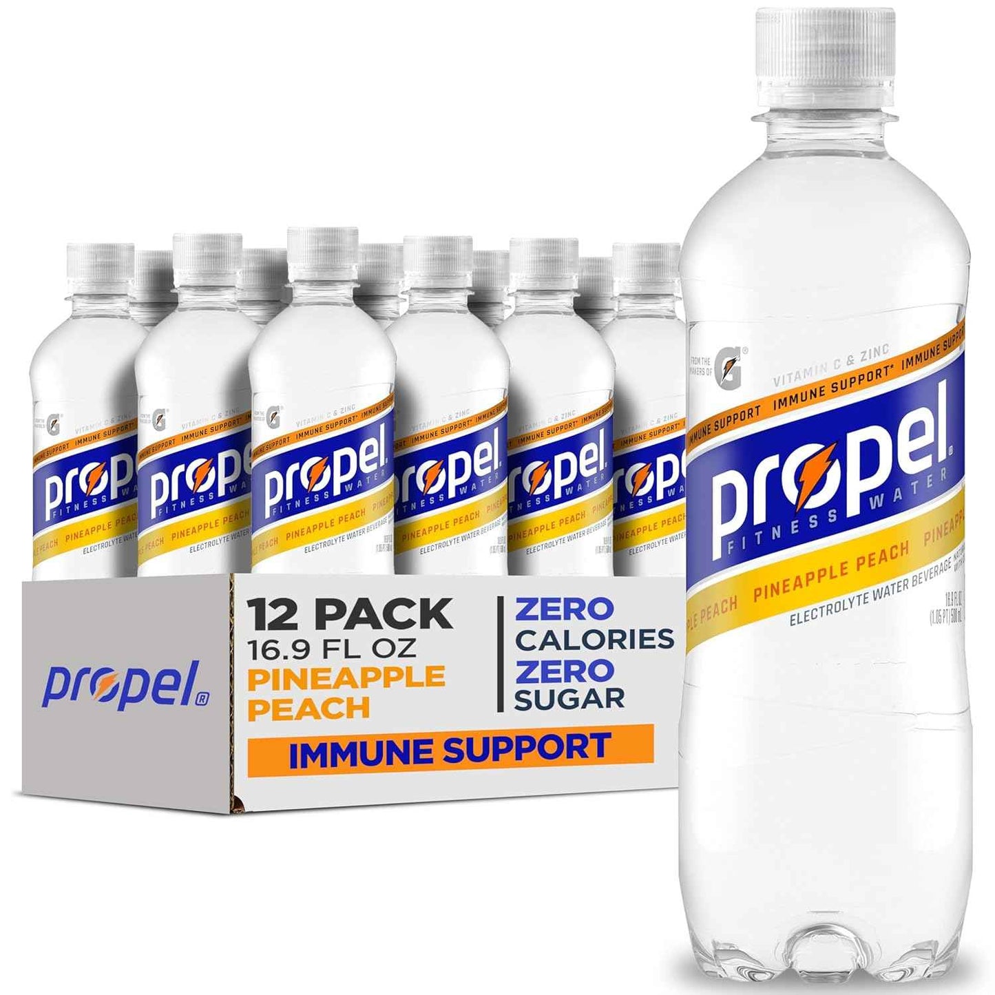 Propel Immune Support Water – Portable Hydration for Camping, Hiking, and Trail Adventures, Pineapple Peach 12 Pack