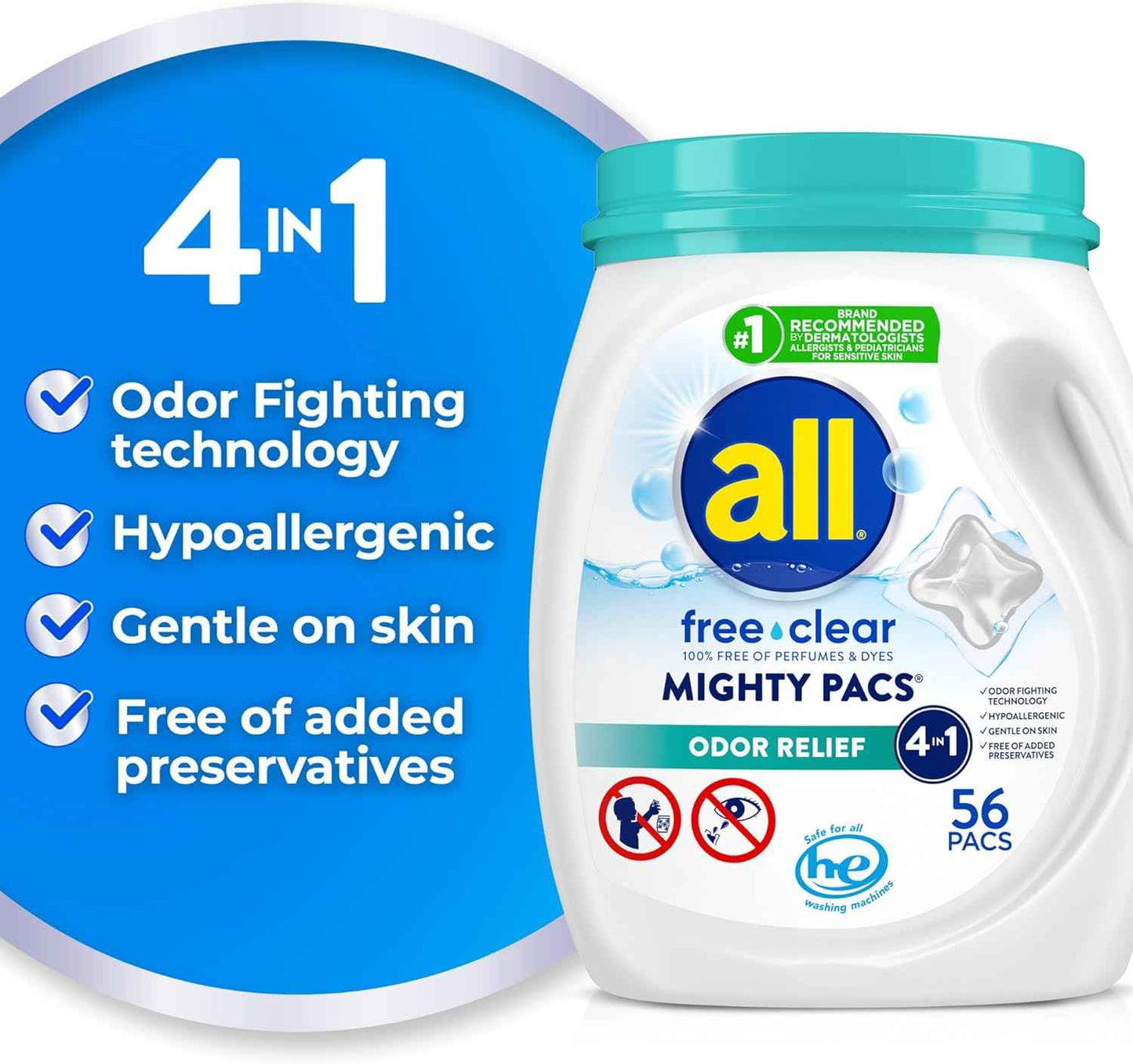 All Mighty Pacs Laundry Detergent – Dye-Free and Perfume-Free Formula for Allergy-Safe Family Laundry