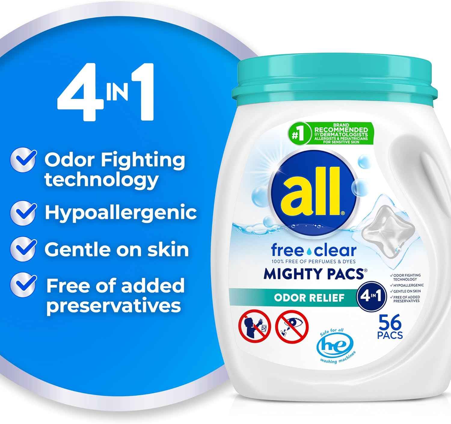 All Mighty Pacs Laundry Detergent – Dye-Free and Perfume-Free Formula for Allergy-Safe Family Laundry