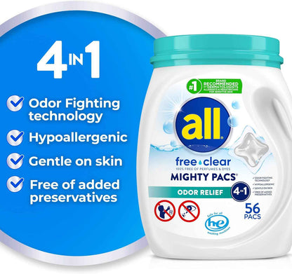 All Mighty Pacs Laundry Detergent – Dye-Free and Perfume-Free Formula for Allergy-Safe Family Laundry