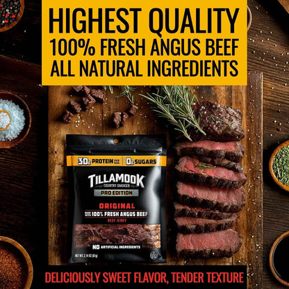 Tillamook Country Smoker PRO Edition Beef Jerky, Original Zero Sugar, 2.14 Oz Portable Protein Pack for Hiking, Camping and Backcountry Trips