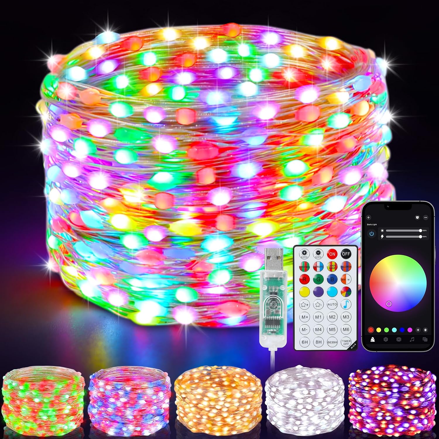 100 high-brightness leds across 33ft of flexible silver/copper wire