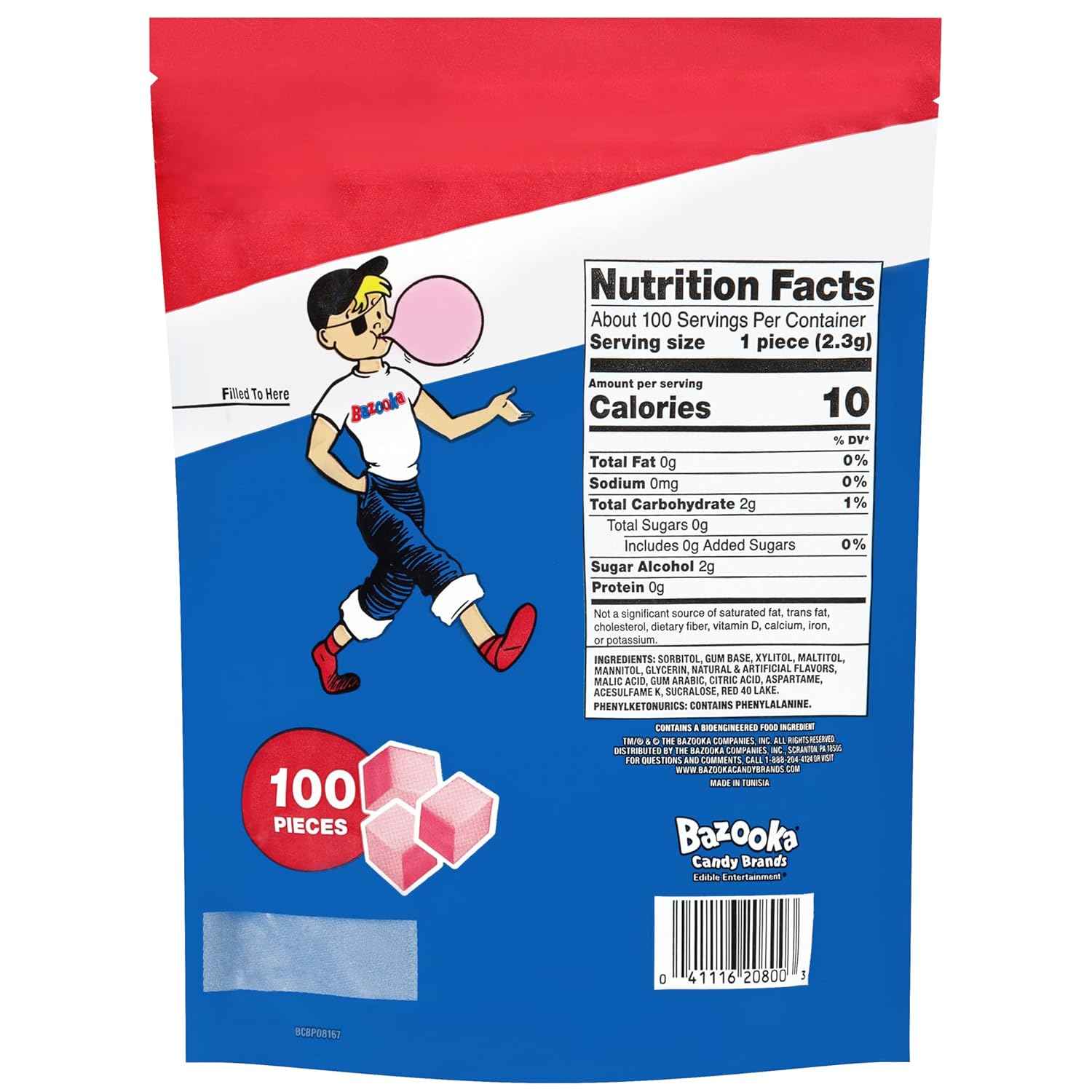 Bazooka Sugar-Free Gum Cubes – Portable Backyard Baseball Game Snack for Dugout and Bleachers, 100-Count Resealable Travel Pouch