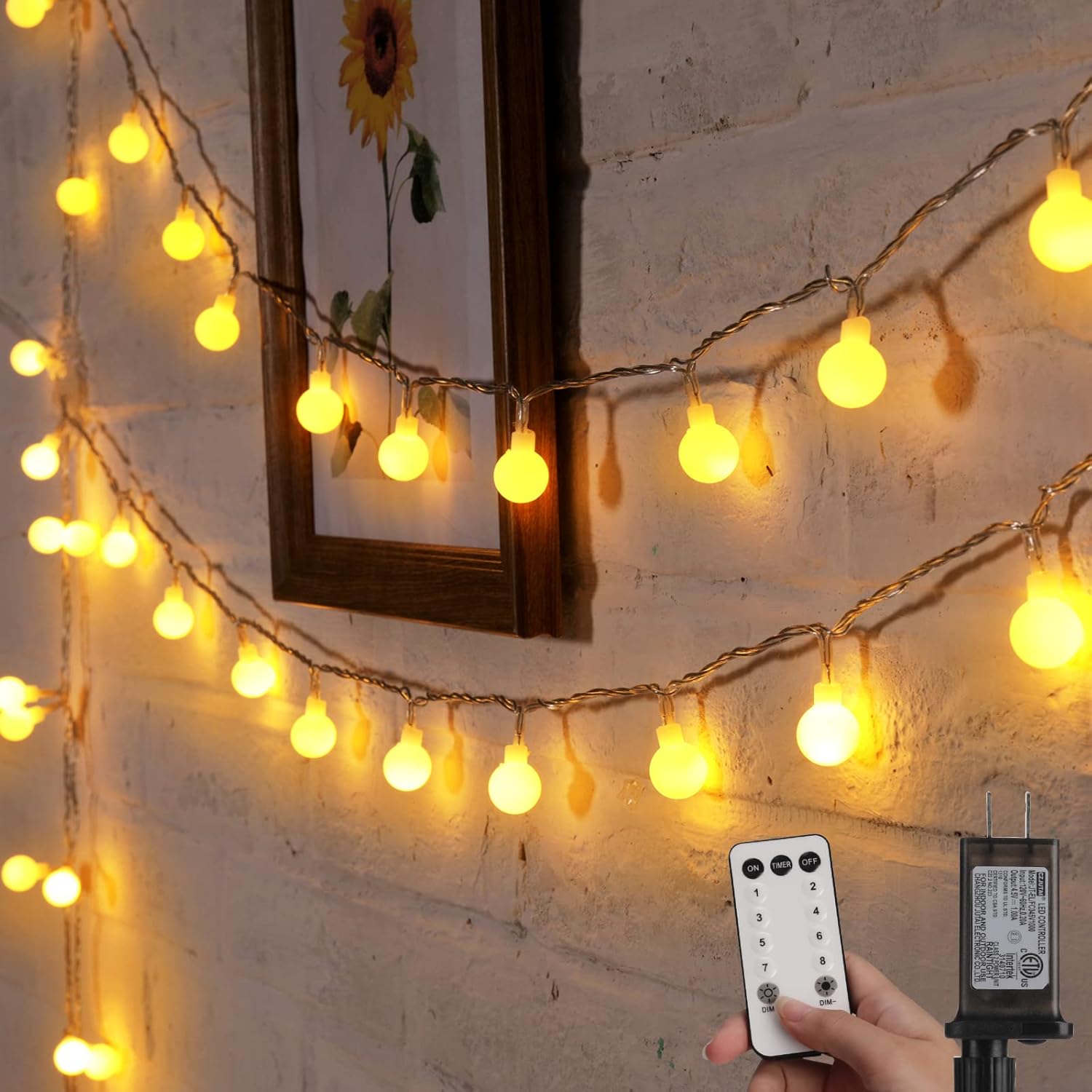 100 led bulbs on 33 ft string (66 ft variant available) with 0.7-inch plastic globe shades and 4-inch bulb spacing