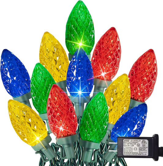 100 led c9 bulbs spaced 8 inches apart along a 66 ft lit wire with 16.4 ft lead, totaling 82.5 ft per strand
