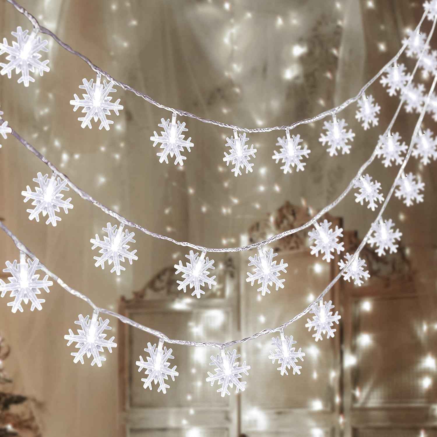 Snowpin Snowflake String Lights – Patio and Garden Railing Decor, Weather Friendly 42.6ft LED Set for Outdoor Evening Ambiance