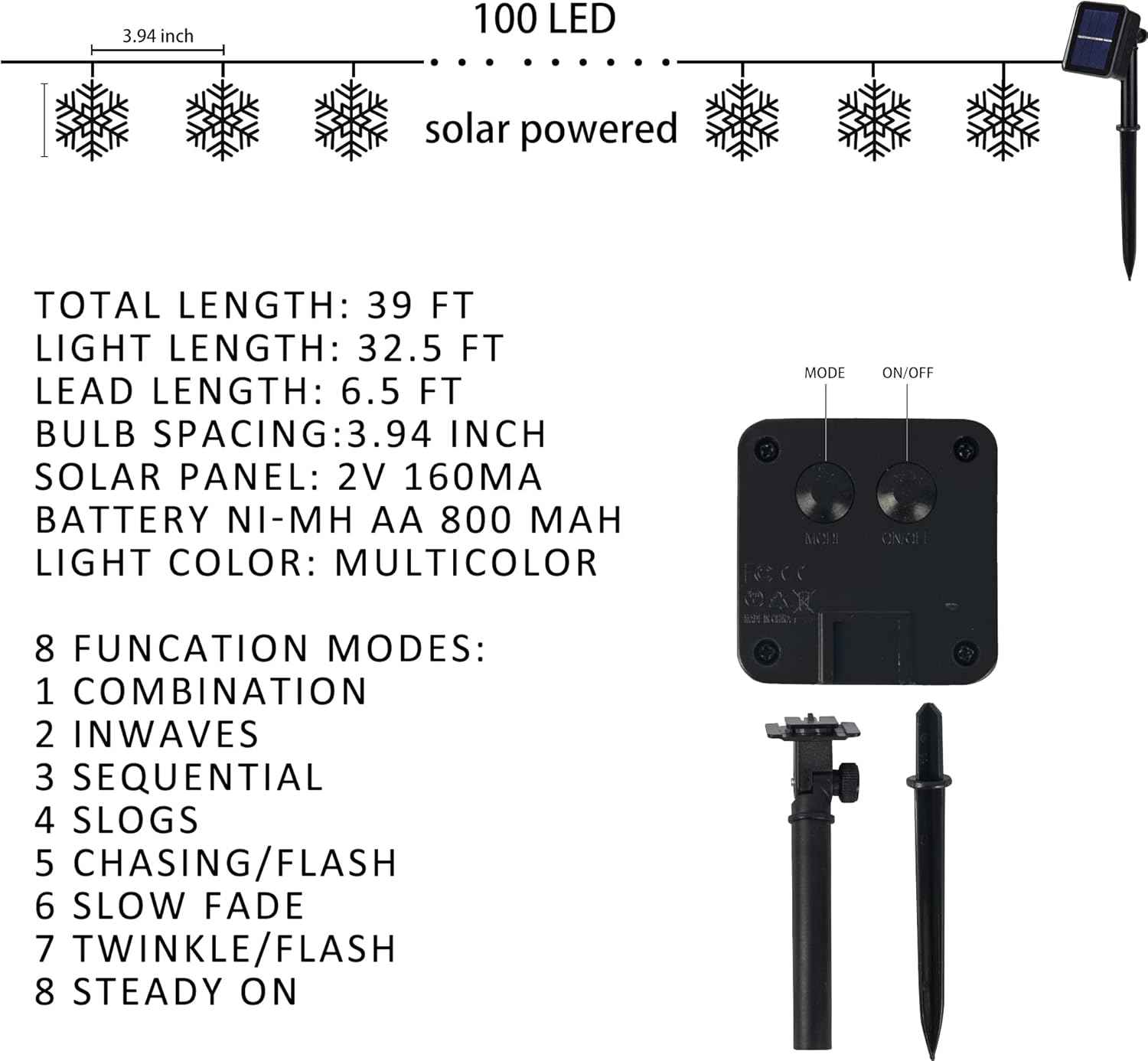 Dazzle Bright 100 LED Solar Snowflake Lights – 39FT Christmas Stocking Stuffer & Housewarming Gift, Solar Powered LED String Lights