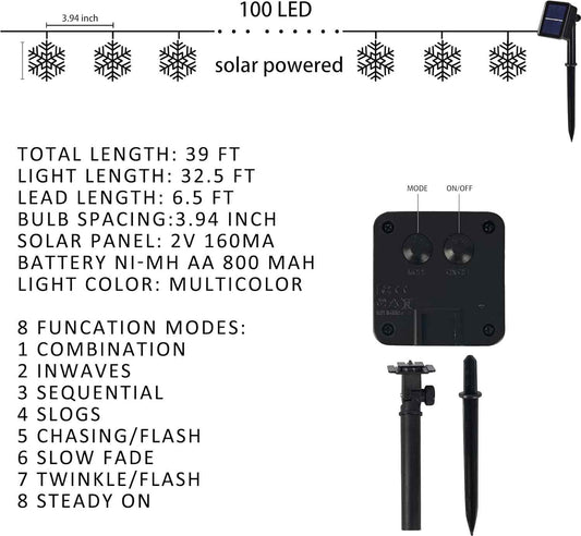 Dazzle Bright 100 LED Solar Snowflake Lights – 39FT Christmas Stocking Stuffer & Housewarming Gift, Solar Powered LED String Lights