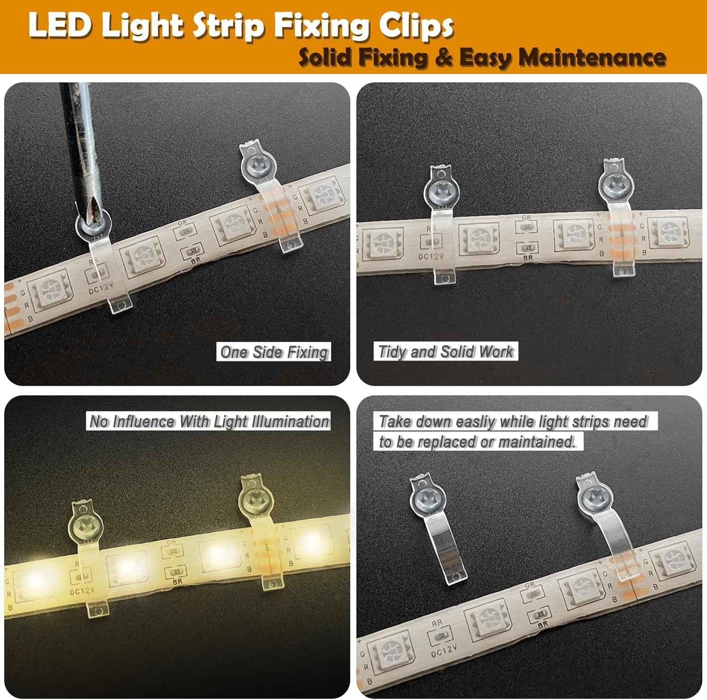LuminEdge LED Strip Mounting Clips – Home Office Task Lighting Under-Shelf Holders, 100-Pack Clear Brackets