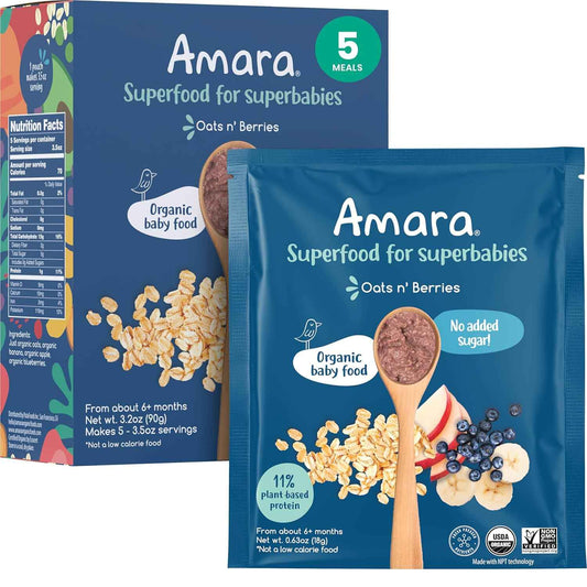 Amara Organic Stage 2 Baby Food Oats & Berries, No Additives Shelf Stable Pouches for Worry Free Infant Feeding, 3.5oz 5-Pack