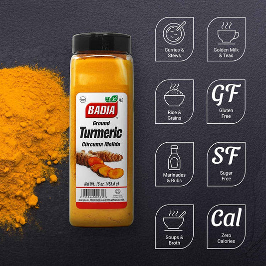Badia Ground Turmeric Powder 16 oz – Curcumin-Rich Golden Milk & Tonic Ingredient for Wellness Barista Corner