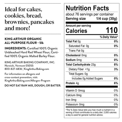 King Arthur Organic All-Purpose Flour for a Calming Home Baking Ritual, High-Protein 5 lb Pack for Mindful Cooks