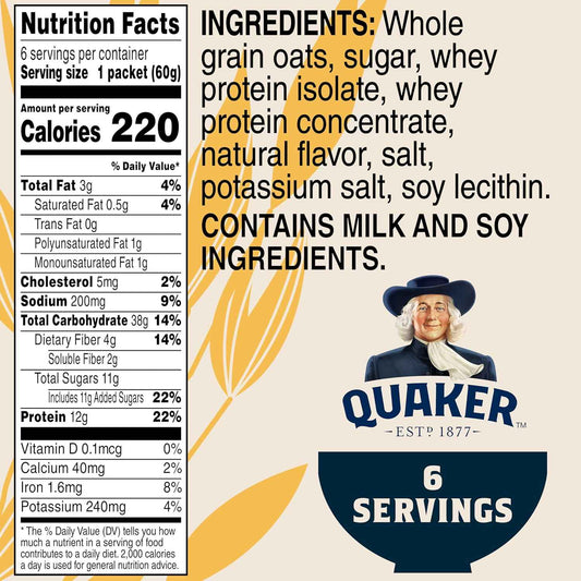 Quaker Protein Instant Oatmeal Maple Brown Sugar – 2-Minute Desk Breakfast for Busy Professionals and Commuters, 12g Protein Packets