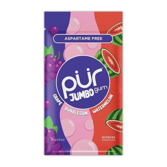 PUR Jumbo Gum | Aspartame-Free Kids Chewing Gum for School Lunchboxes | Nut-Free Bubblegum 20-Count