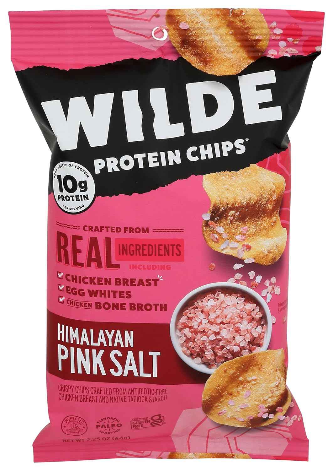 WILDE BRANDS Himalayan Pink Salt Chicken Chips – High-Protein Lunchbox Snack for Kids and School, 2.25 oz Pouch