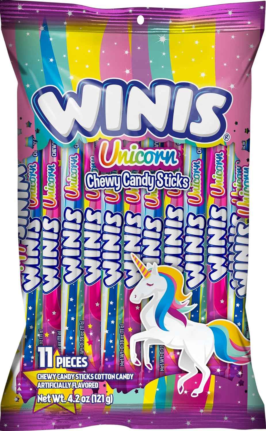 Winis Unicorn Cotton Candy Chewy Taffy Swirls – Non-Melting Candy for Picnics, Pool Parties, and Summer Road Trips | 4.3 Oz Sharing Bag, 11 Individually Wrapped Sticks