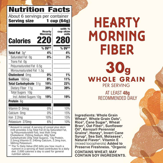 Cascadian Farm Hearty Morning Fiber Cereal for After-School Snack Bowls, USDA Organic Family Cereal