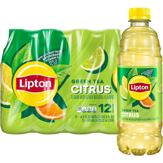 Lipton Green Tea Citrus Bottle (16.9 fl oz, Pack of 12) – Midday Focus Drink for Office Desk and Study Room Refreshment