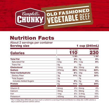 Campbell's Chunky Vegetable Beef Soup, 18.8 Oz Can – Microwaveable Office Lunch Between Meetings, 15g Protein