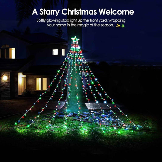 WBao Safe Outdoor Christmas Lights with UL588 Certification, Flameless 344 LED Waterfall Star Topper with Timer Auto Shutoff for Family Yard Decorating