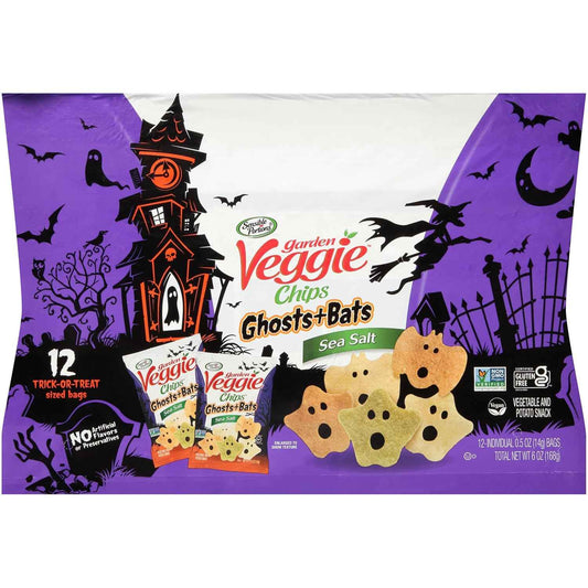 Sensible Portions Garden Veggie Ghosts & Bats Sea Salt Chips 0.5 oz Bag, 12 ct – Halloween Care Package Gift for Families with Kids