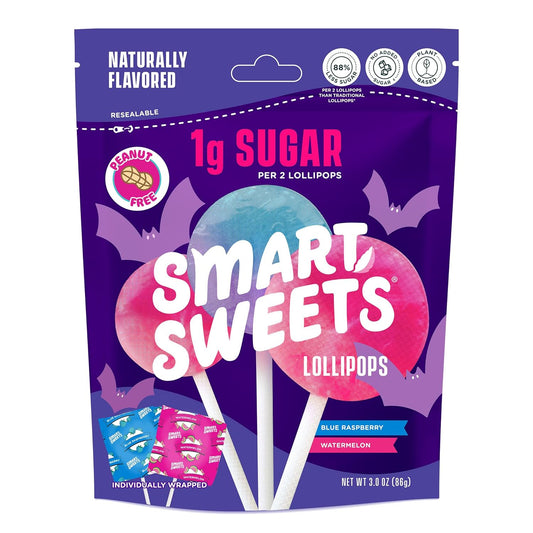 12 individually wrapped lollipops per 3 oz bag in two fruity flavors (blue raspberry and watermelon)