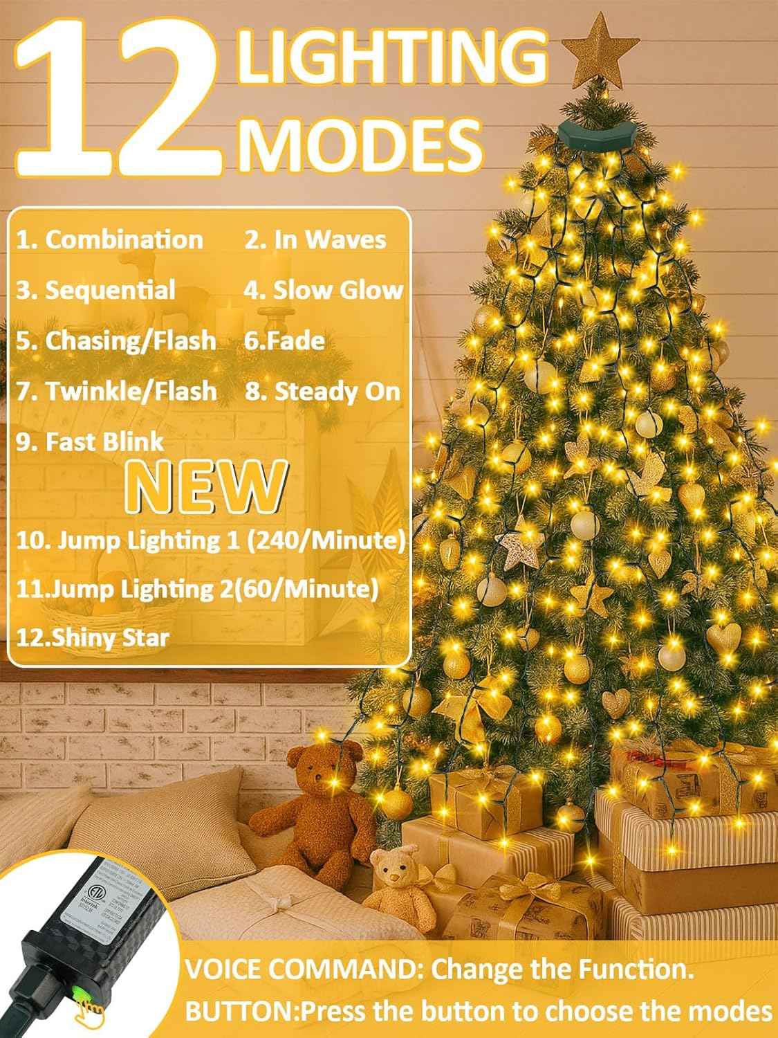 Cascadia Lights Voice-Activated Christmas Lights for Home Office Focus and Holiday Background Ambiance, 6h Timer Auto-Schedule Dimmable Tree Lights