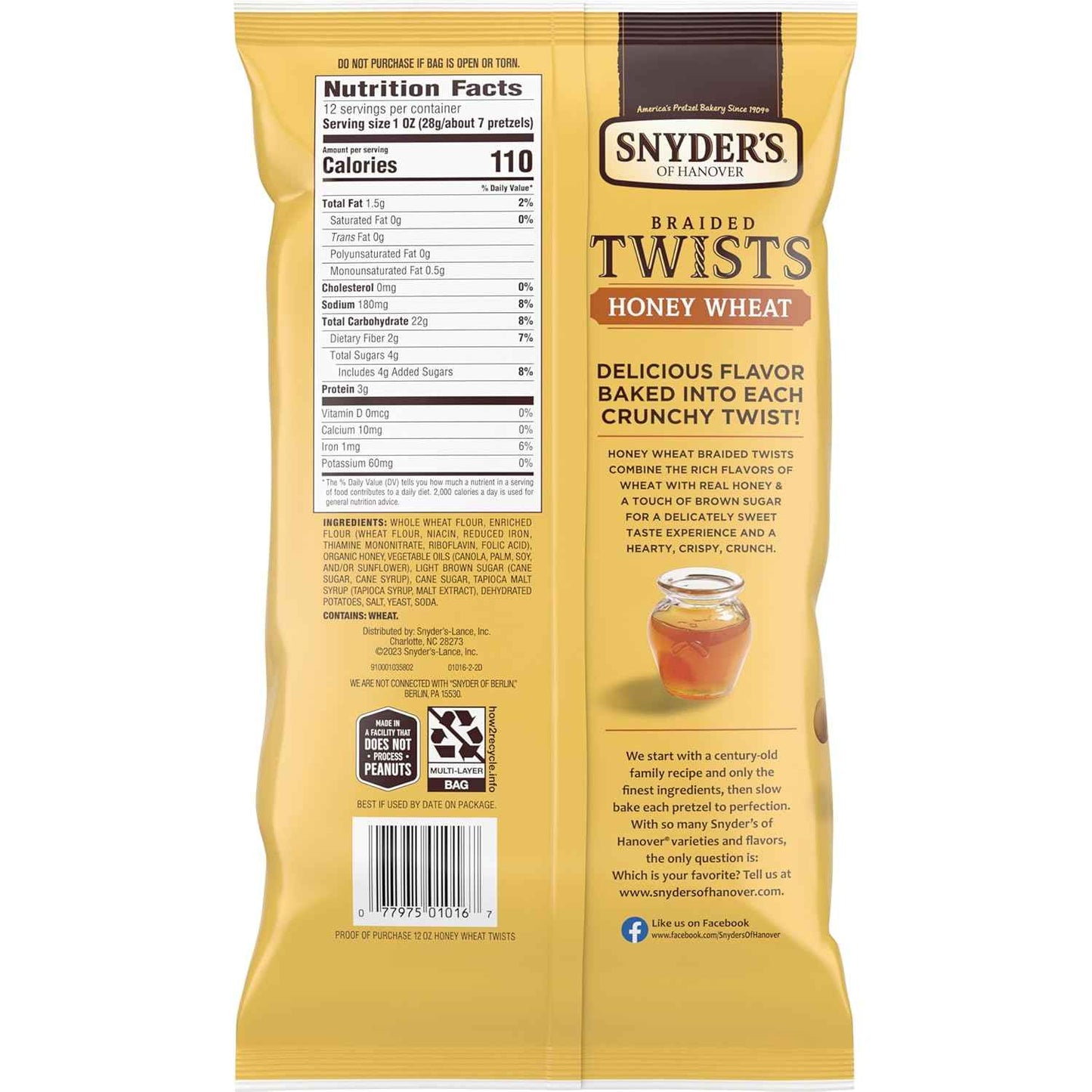 Snyder's of Hanover Honey Wheat Braided Pretzel Twists – Guilt-Free Pantry Snack with 2g Fat, 12 oz Bag
