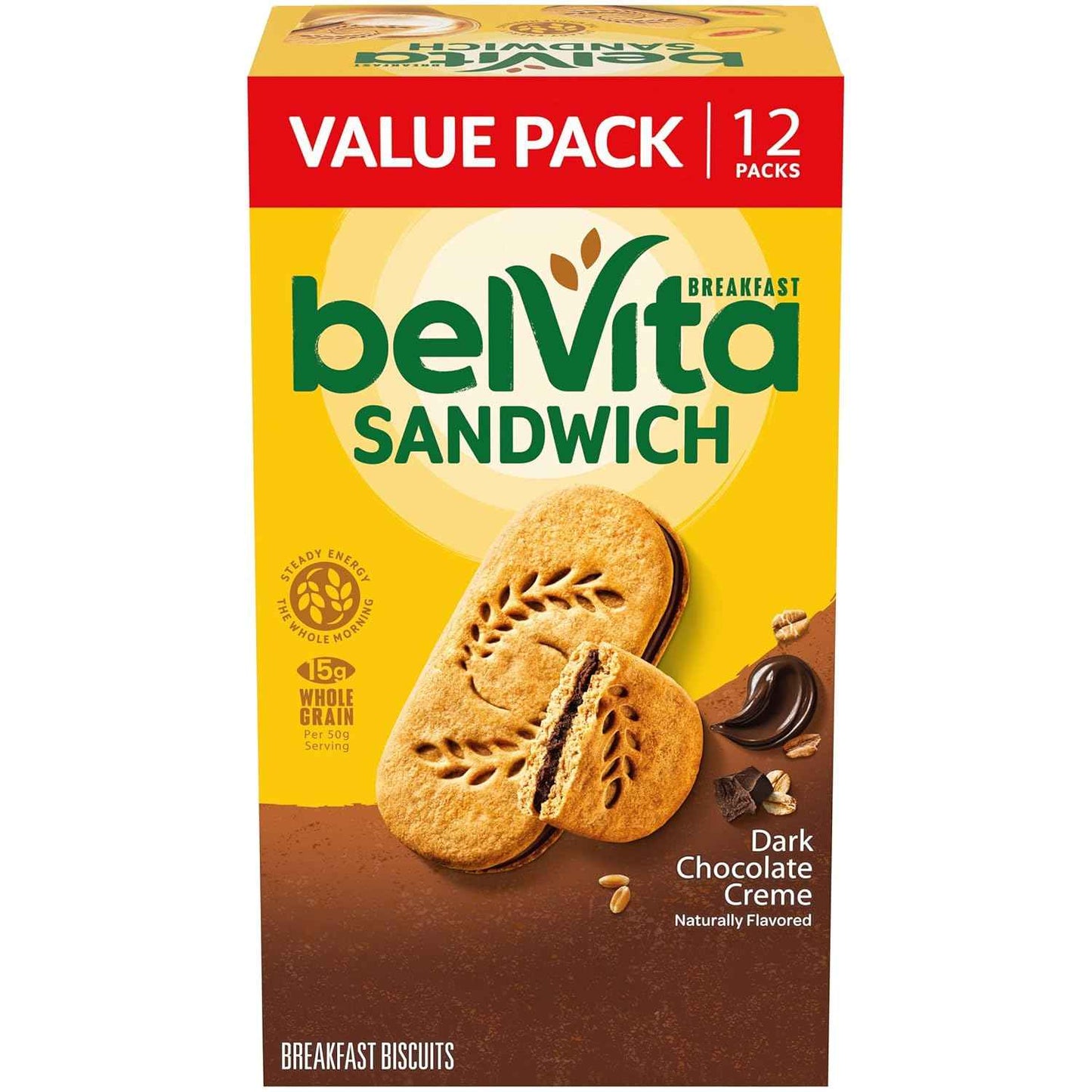 belVita Dark Chocolate Creme Sandwiches – Commute-Friendly Steady Energy for Busy Workdays, 12-Pack Value Box