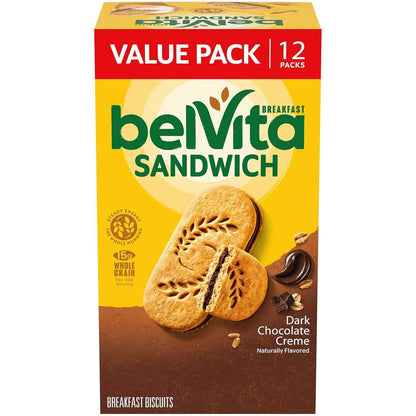 belVita Dark Chocolate Creme Sandwiches – Commute-Friendly Steady Energy for Busy Workdays, 12-Pack Value Box