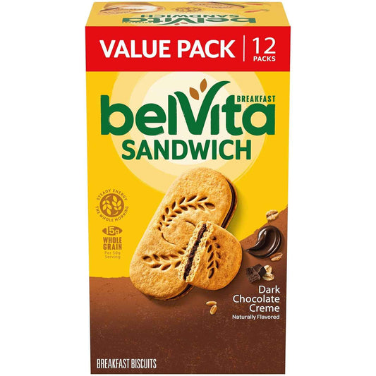 belVita Dark Chocolate Creme Sandwiches – Commute-Friendly Steady Energy for Busy Workdays, 12-Pack Value Box