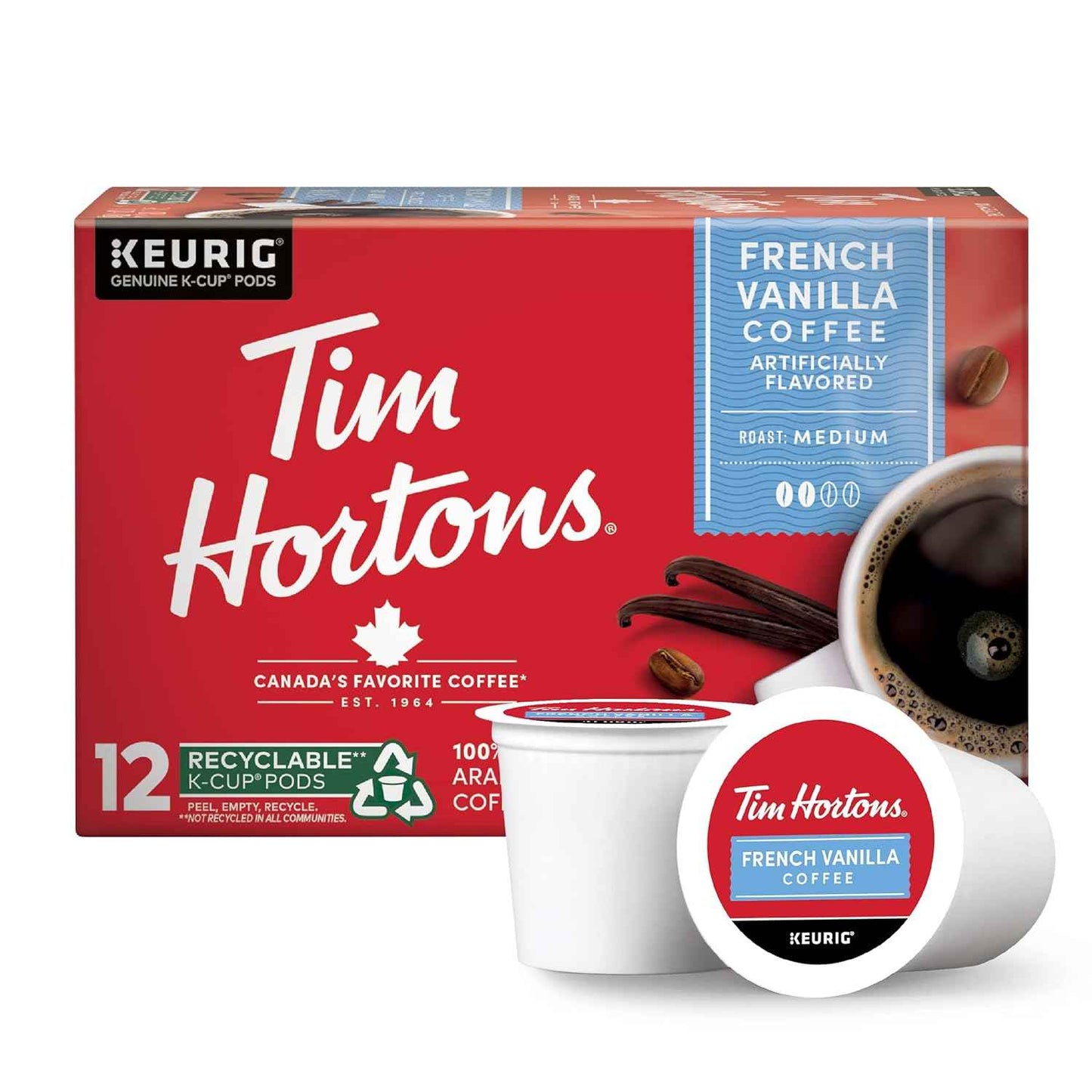 Tim Hortons French Vanilla Coffee, K-Cup Pods for Keurig – Premium 100% Arabica Single-Serve, 12ct Box