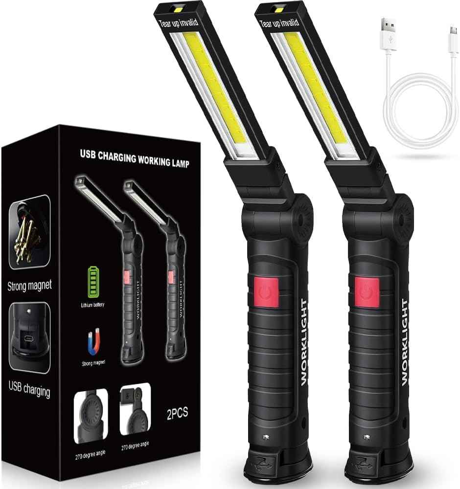 LED Work Light Rechargeable Flashlight – Practical Christmas Stocking Stuffer for Men, Mechanic Gift for Husband and Dad, 2-Pack with Dual USB Cables