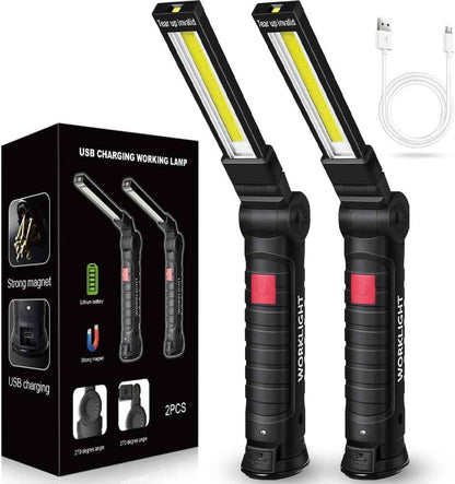 LED Work Light Rechargeable Flashlight – Practical Christmas Stocking Stuffer for Men, Mechanic Gift for Husband and Dad, 2-Pack with Dual USB Cables