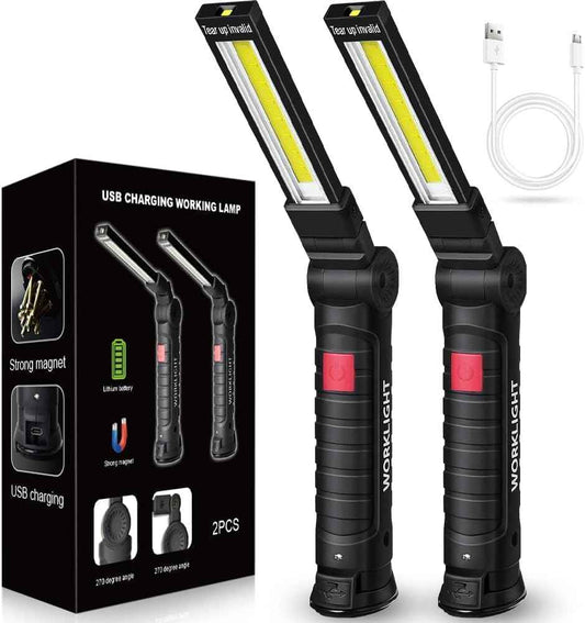 LED Work Light Rechargeable Flashlight – Practical Christmas Stocking Stuffer for Men, Mechanic Gift for Husband and Dad, 2-Pack with Dual USB Cables