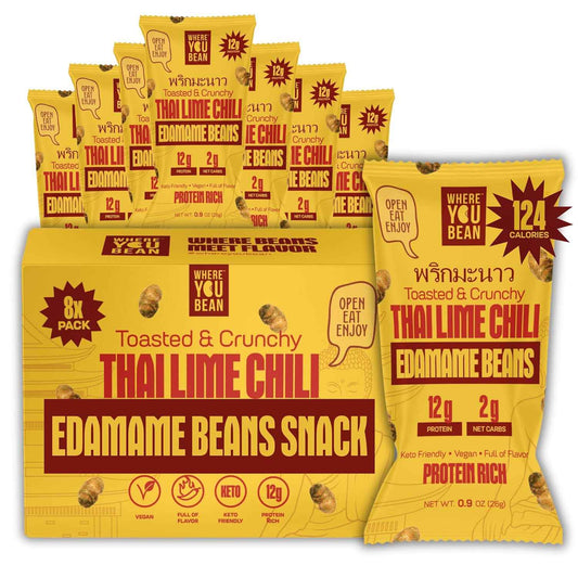 Where You Bean Crunchy Edamame (Thai Lime Chili) – Clean-Eating Snack for Low-Carb Lifestyle Goals, Dry Roasted Vegan Protein, 0.9 oz Pouches, 8 Pack
