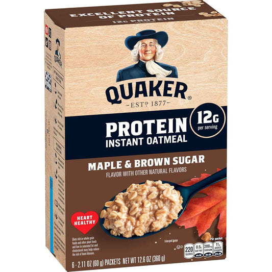 Quaker Protein Instant Oatmeal Maple Brown Sugar – 2-Minute Desk Breakfast for Busy Professionals and Commuters, 12g Protein Packets