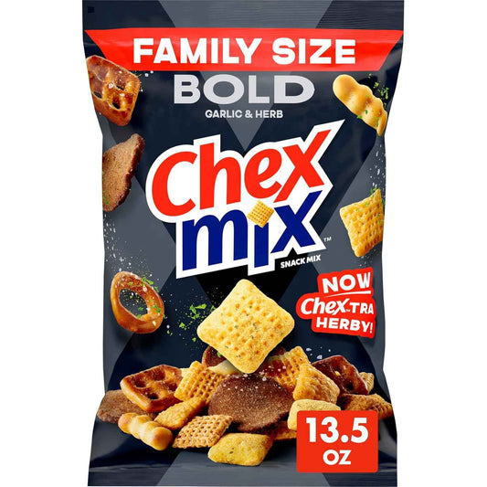 Chex Mix Bold Garlic and Herb Snack Mix – Portable Camping and Picnic Snack for Open-Air Adventures, Family Size 13.5 oz