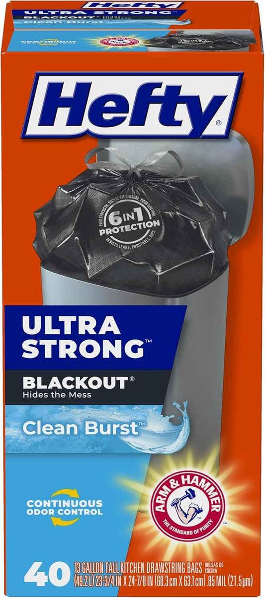 Hefty Ultra Strong 13 Gallon Trash Bags – Simple Blackout Design, One-Pull Drawstring, Clean Burst Odor Control, 40 Count