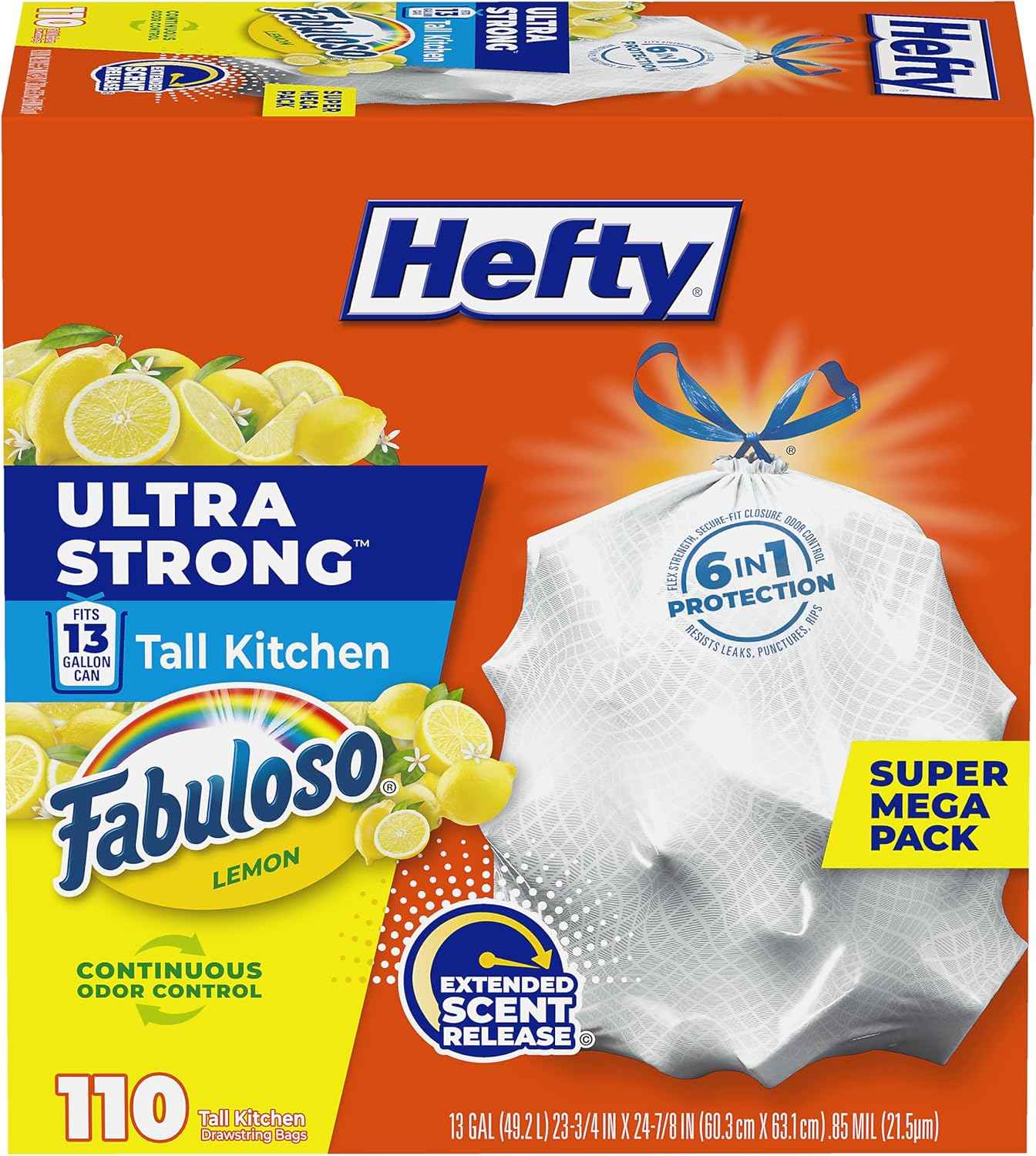 Hefty Ultra Strong 13 Gallon Trash Bags – Fabuloso Lemon Scent for Self-Care Kitchen, Continuous Odor Control for Mindful Cooking Spaces