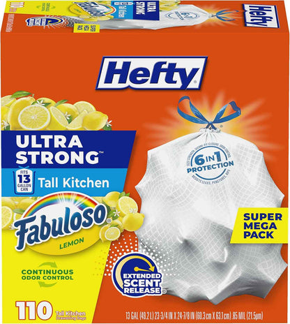 Hefty Ultra Strong 13 Gallon Trash Bags – Fabuloso Lemon Scent for Self-Care Kitchen, Continuous Odor Control for Mindful Cooking Spaces
