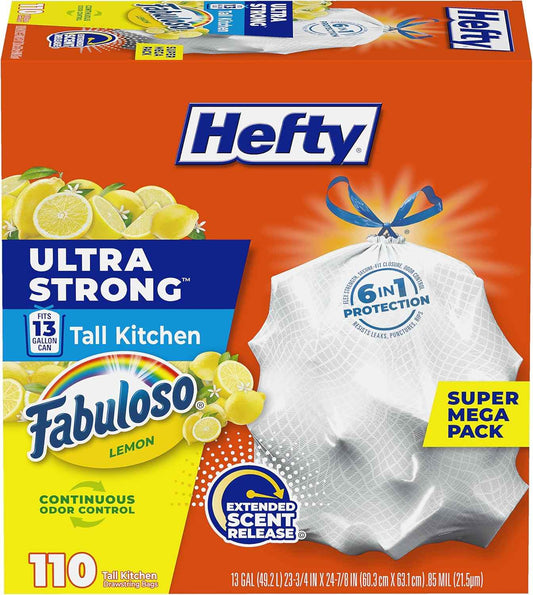 Hefty Ultra Strong 13 Gallon Trash Bags – Fabuloso Lemon Scent for Self-Care Kitchen, Continuous Odor Control for Mindful Cooking Spaces