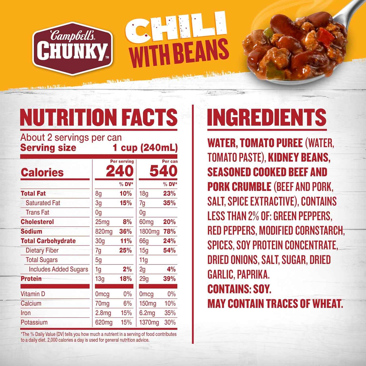 Campbell's Chunky Roadhouse Chili with Beans – 13g Protein Desk Lunch for Home Office Focus, 19 oz Can