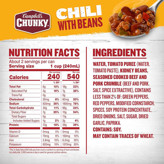 Campbell's Chunky Roadhouse Chili with Beans – 13g Protein Desk Lunch for Home Office Focus, 19 oz Can