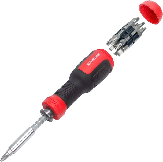 13-in-1 bit set covering torx security, flathead, phillips, hex, square, and 1/4" nut driver