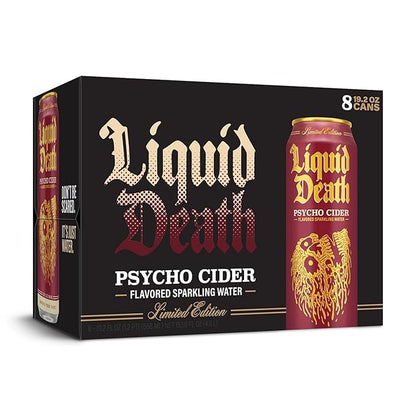 Liquid_Death,_Psycho_Cider_Sparkling_Water,_Apple_Cider_Flavored_Sparkling_Beverage_Sweetened_With_Real_Agave,_Low_Calorie_&_Low_Sugar,_8-Pack_(King_Size_19.2oz_Cans)