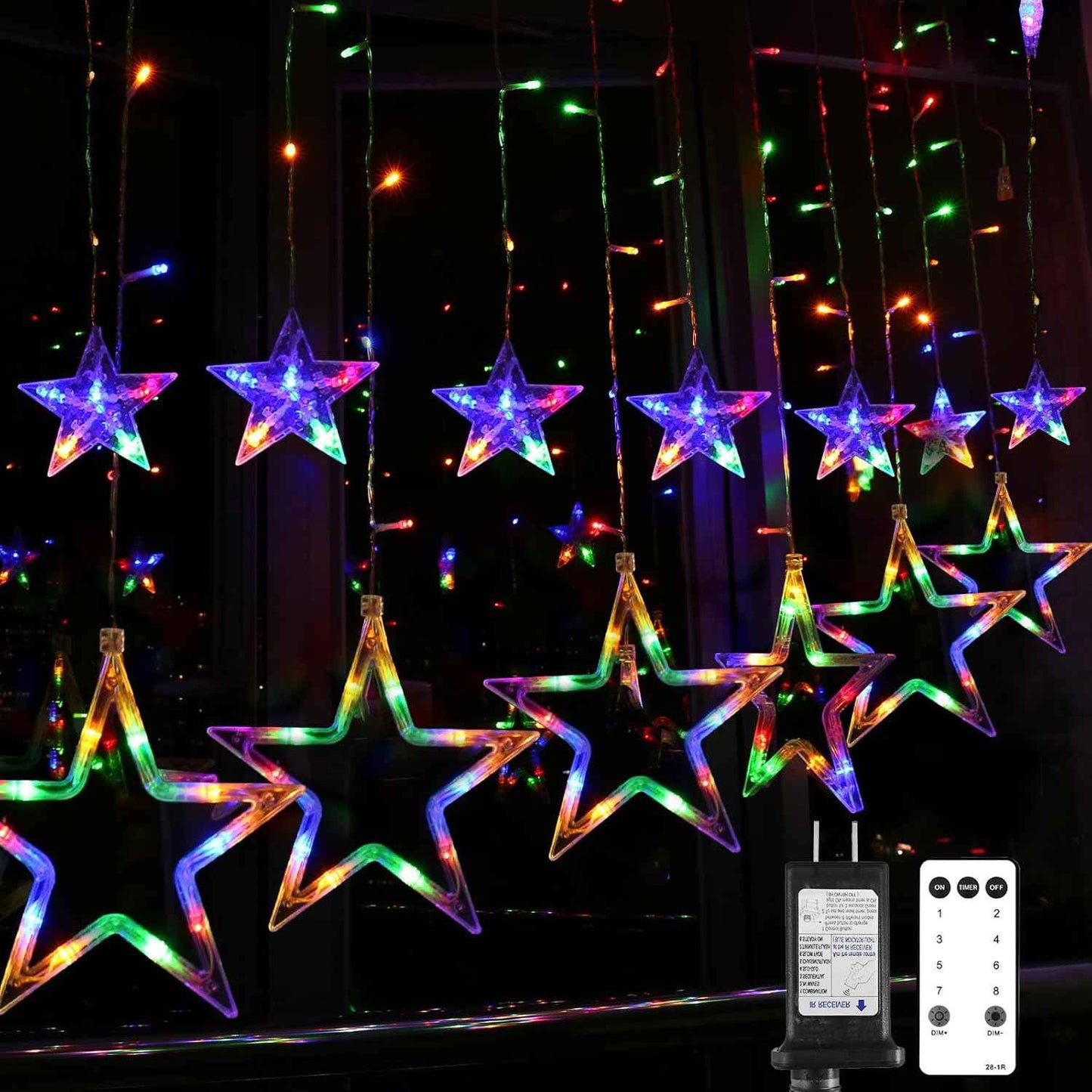 Blingstar Star Curtain Lights 138 LED 12 Star 30V UL Certified Low Voltage Flameless Christmas Lights 8.2 Ft for Safe Indoor Use Around Kids and Pets